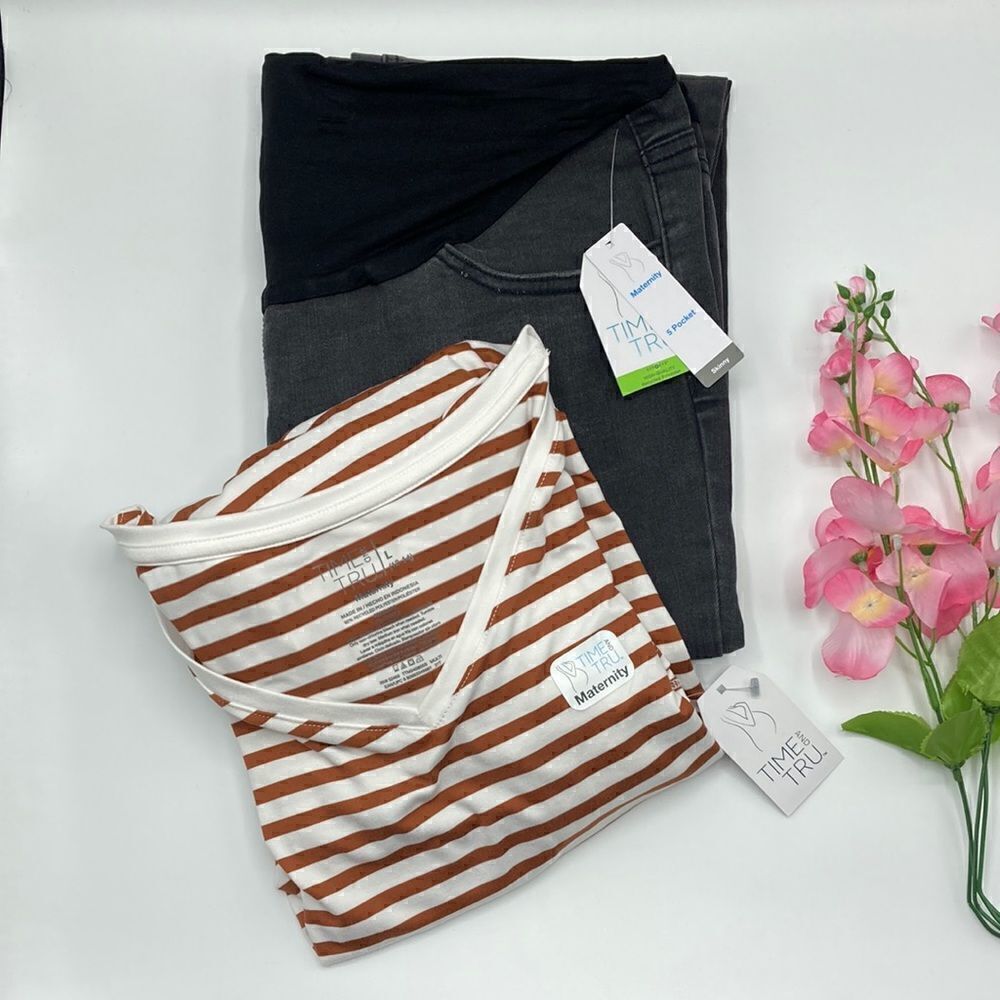 Women’s Maternity Denim Skinny Jeans & Long Sleeve Ultra Soft Shirt Size L